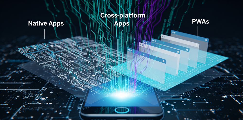 Different types of mobile applications displayed on a smartphone