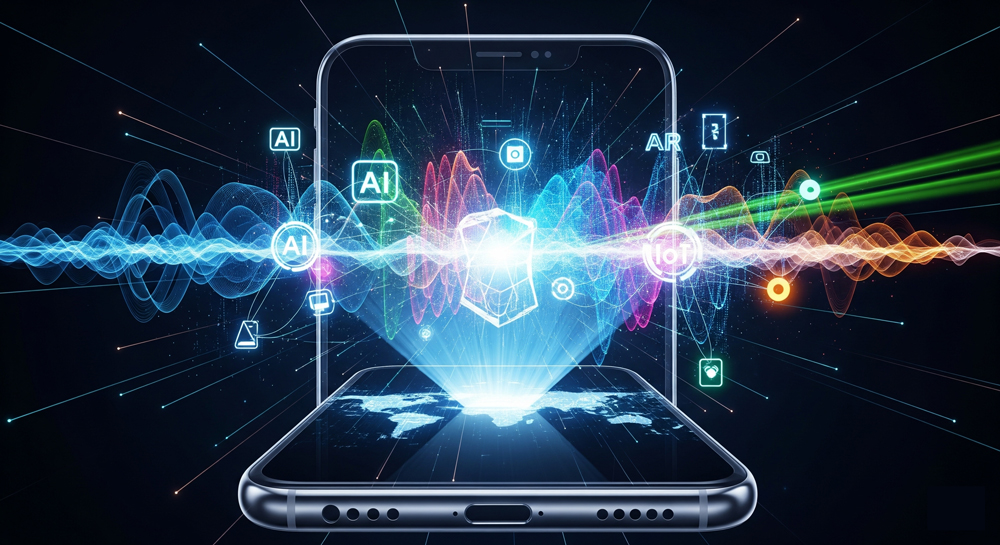 Collage of modern tech icons like AI, IoT, 5G for app development