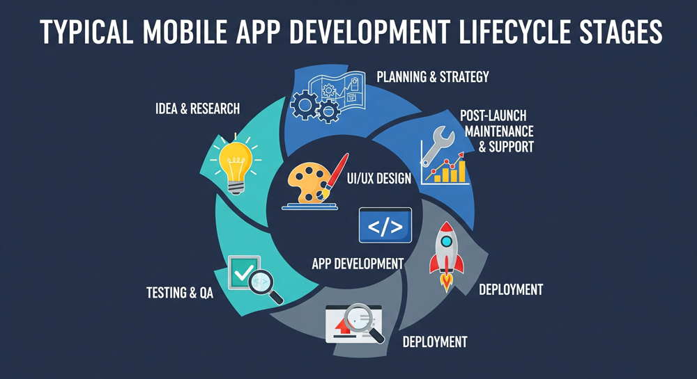 Diagram of the mobile app development lifecycle stages